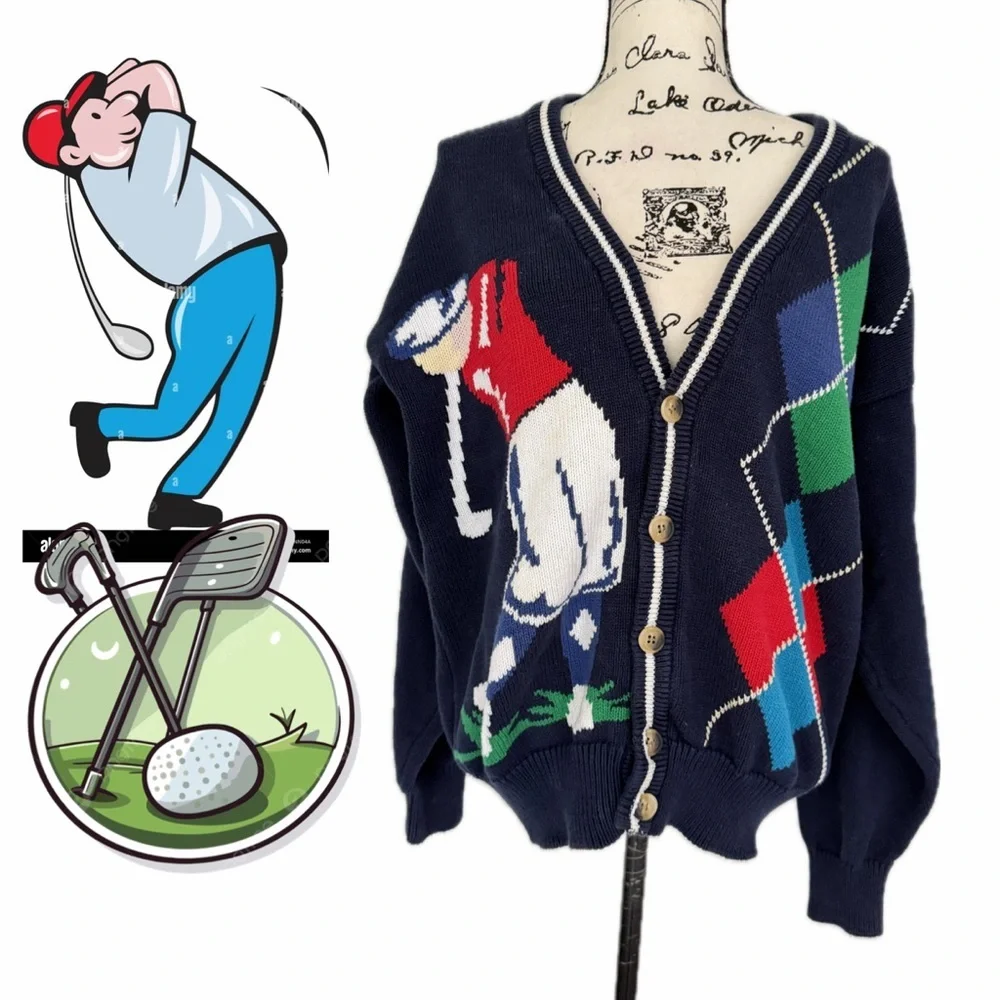 Vtg‎ 90’s John Ashford Golf Cardigan Sweater Sz L  Argyle Golfer Grandpa Core